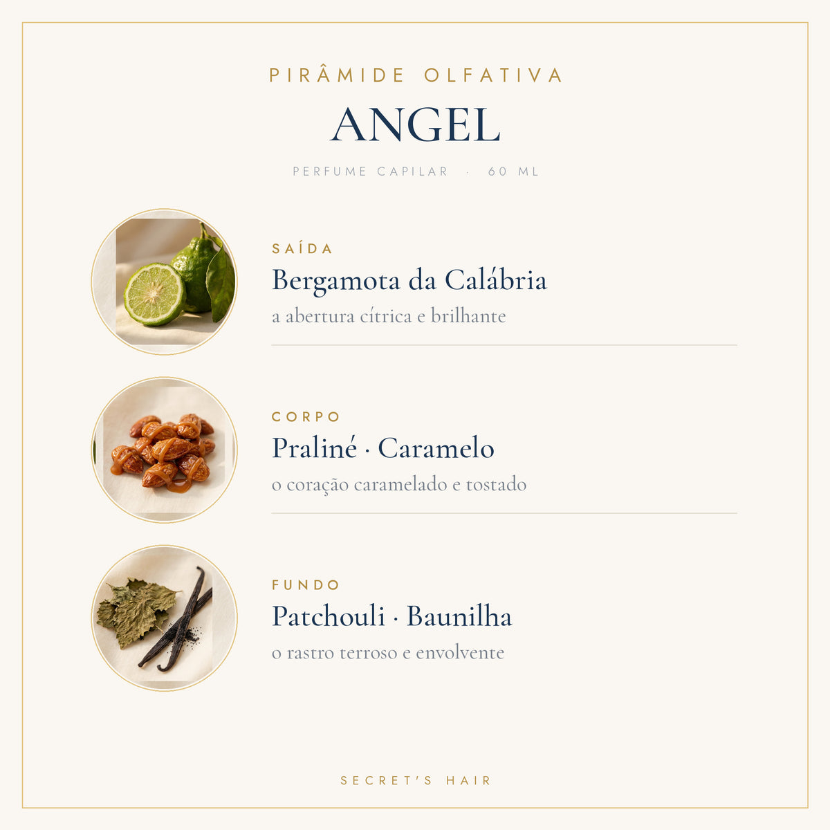Pirâmide olfativa do Perfume Capilar Angel: bergamota da Calábria na saída, praliné e caramelo no corpo, patchouli e baunilha no fundo