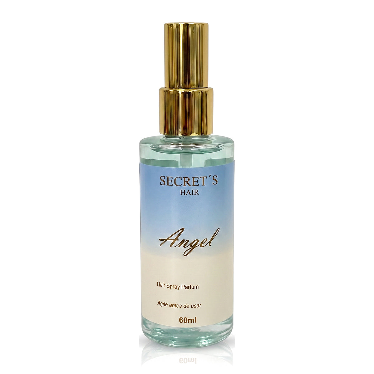 Perfume Capilar Angel 60ml da Secret's Hair, frasco de vidro com tampa dourada e líquido em degradê azul para creme, em fundo branco