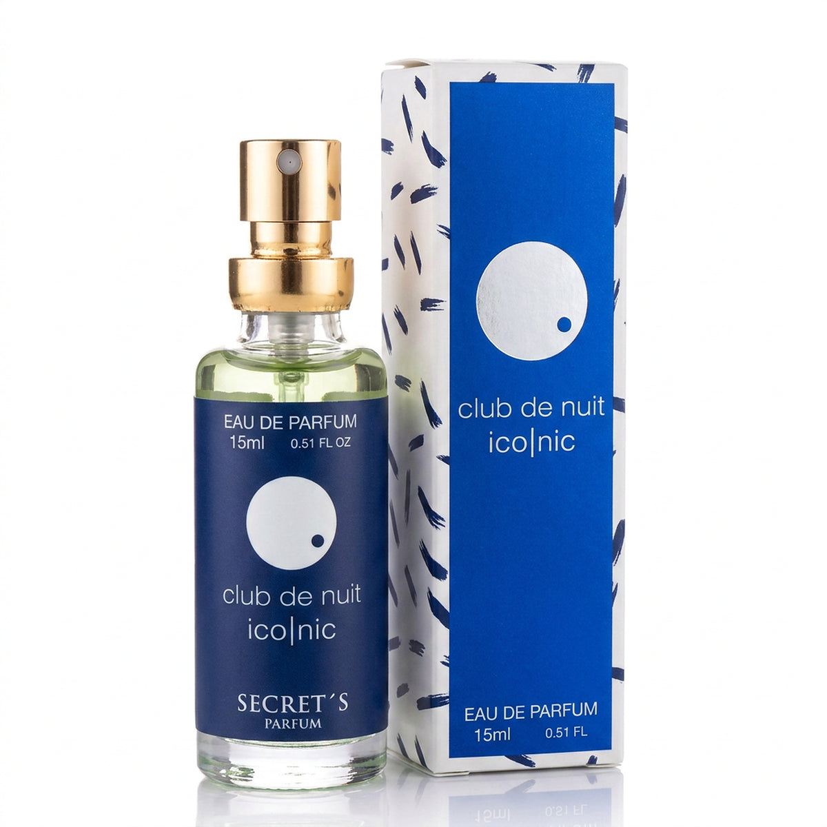 Perfume Club De Nuit Ionic 15ml Eau de Parfum da Secret's Parfum, frasco de rótulo azul-marinho e caixa branca com estampa azul, em fundo branco