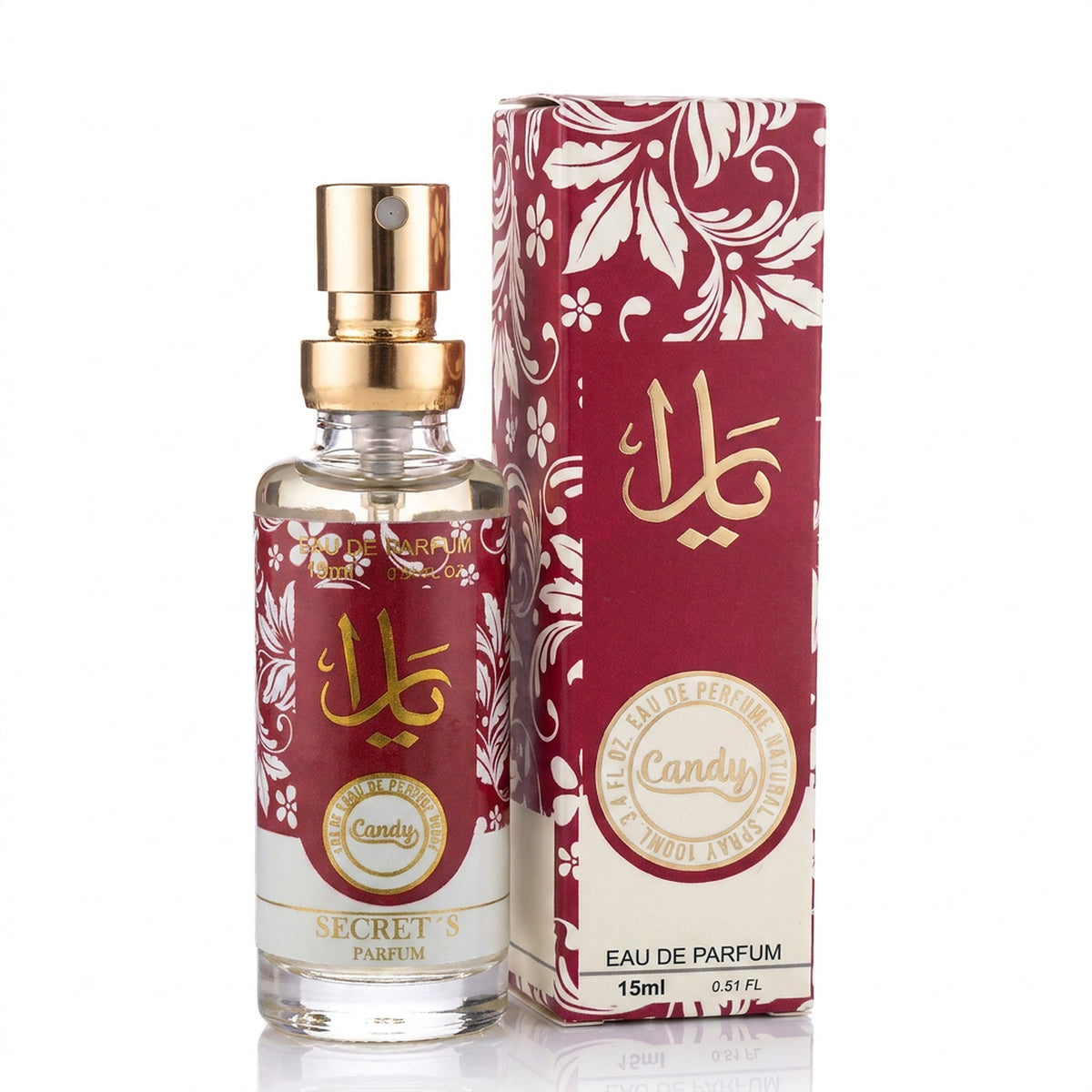 Perfume Yara Candy 15ml Eau de Parfum da Secret's Parfum, frasco de rótulo vinho com árabe dourado e caixa vinho florida, em fundo branco